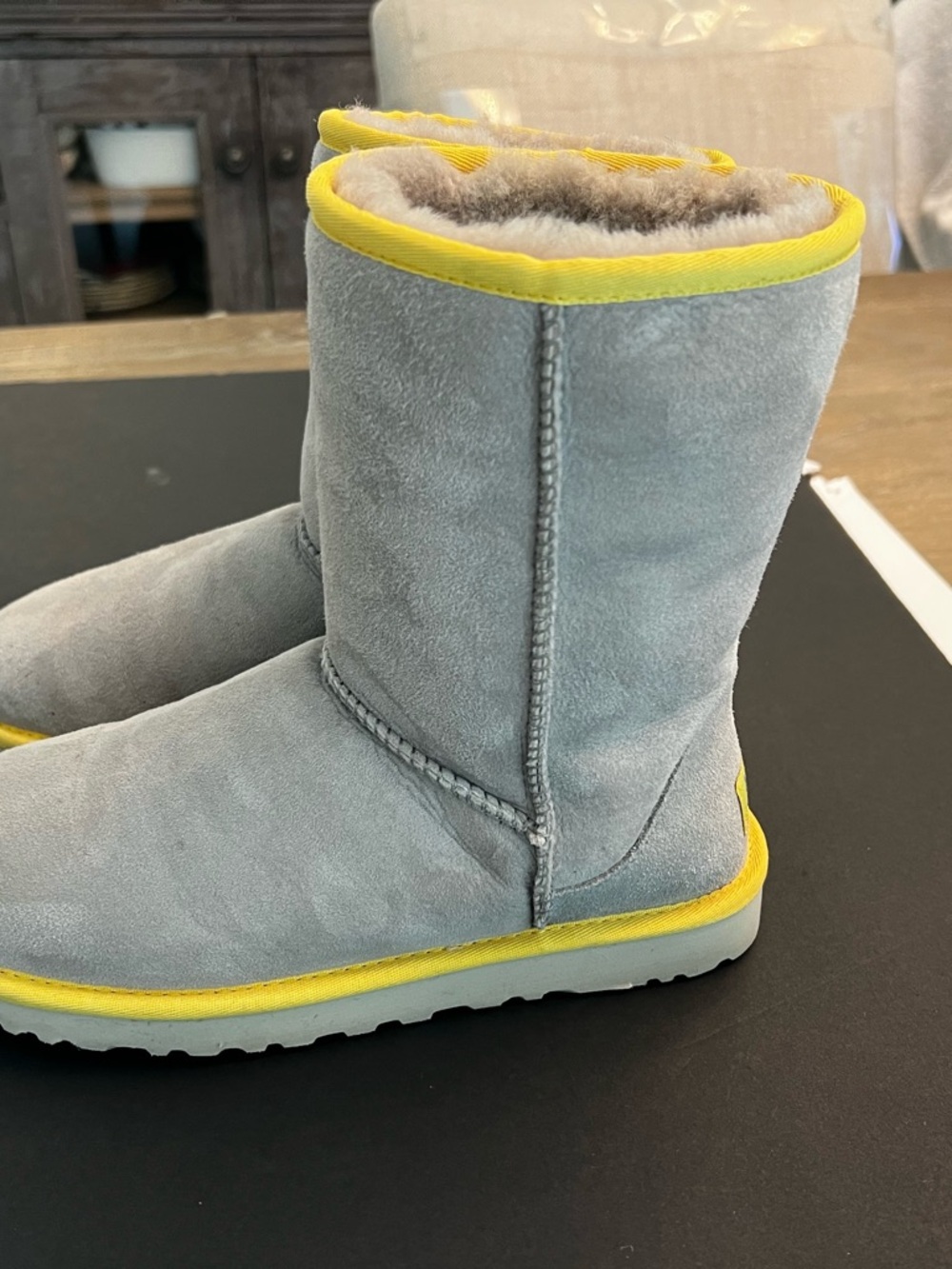 UGG Gray Suede Boots with Yellow Trim